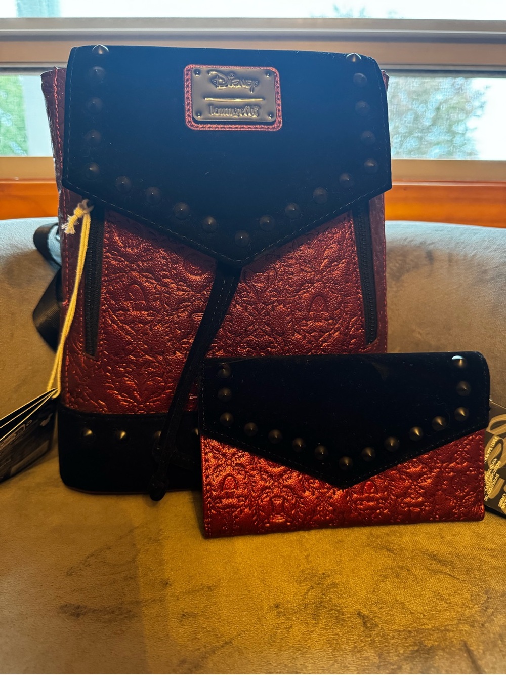 Loungefly Red and Black Embossed Backpack & Wallet Set with Stud Accents